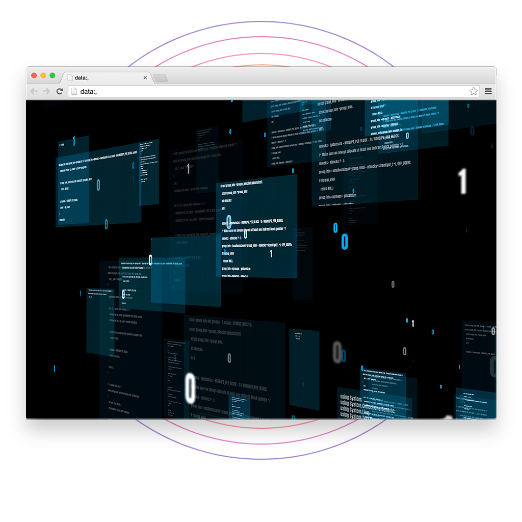 Floating 0s, 1s and code screens in a web browser tab
